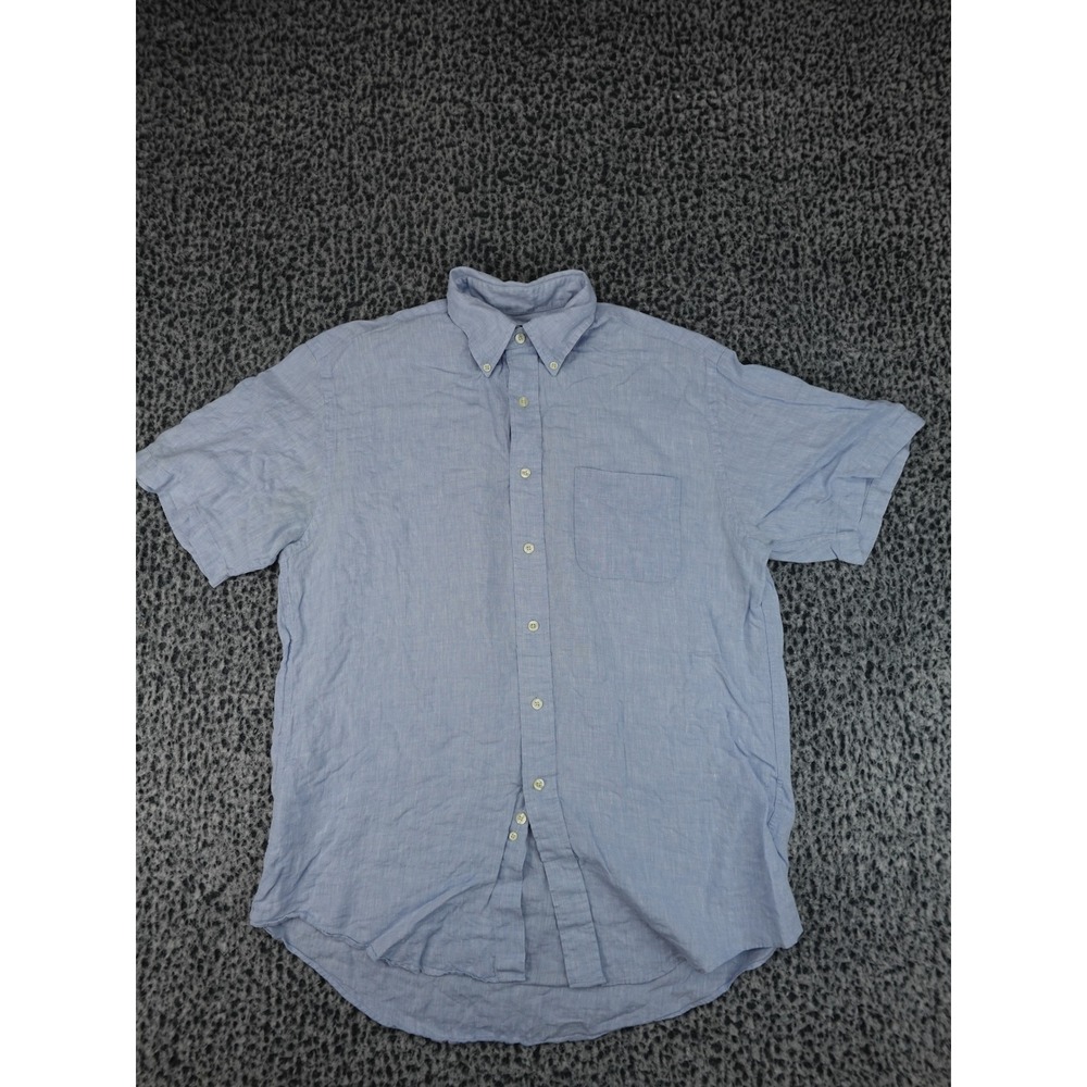 Brooks Brothers 346 Button Down Shirt Mens M Blue 100%‎ Linen Short Sleeve